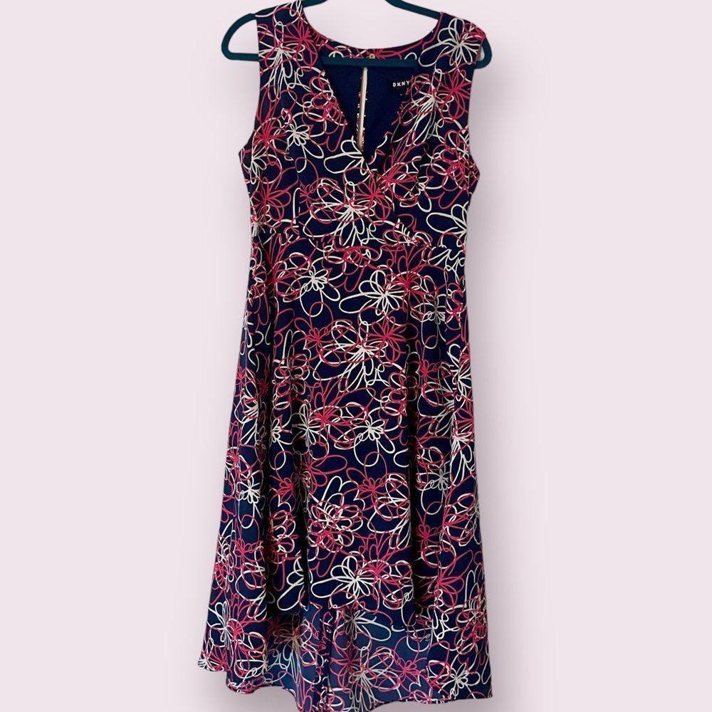 DKNY Navy Floral High-Low Dress with Pink and White Outline